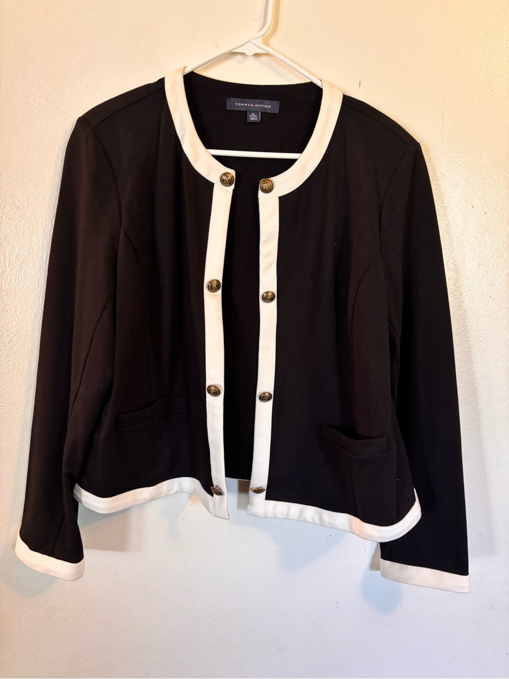 Tommy Hilfiger Black Jacket with White Trim and Gold Buttons